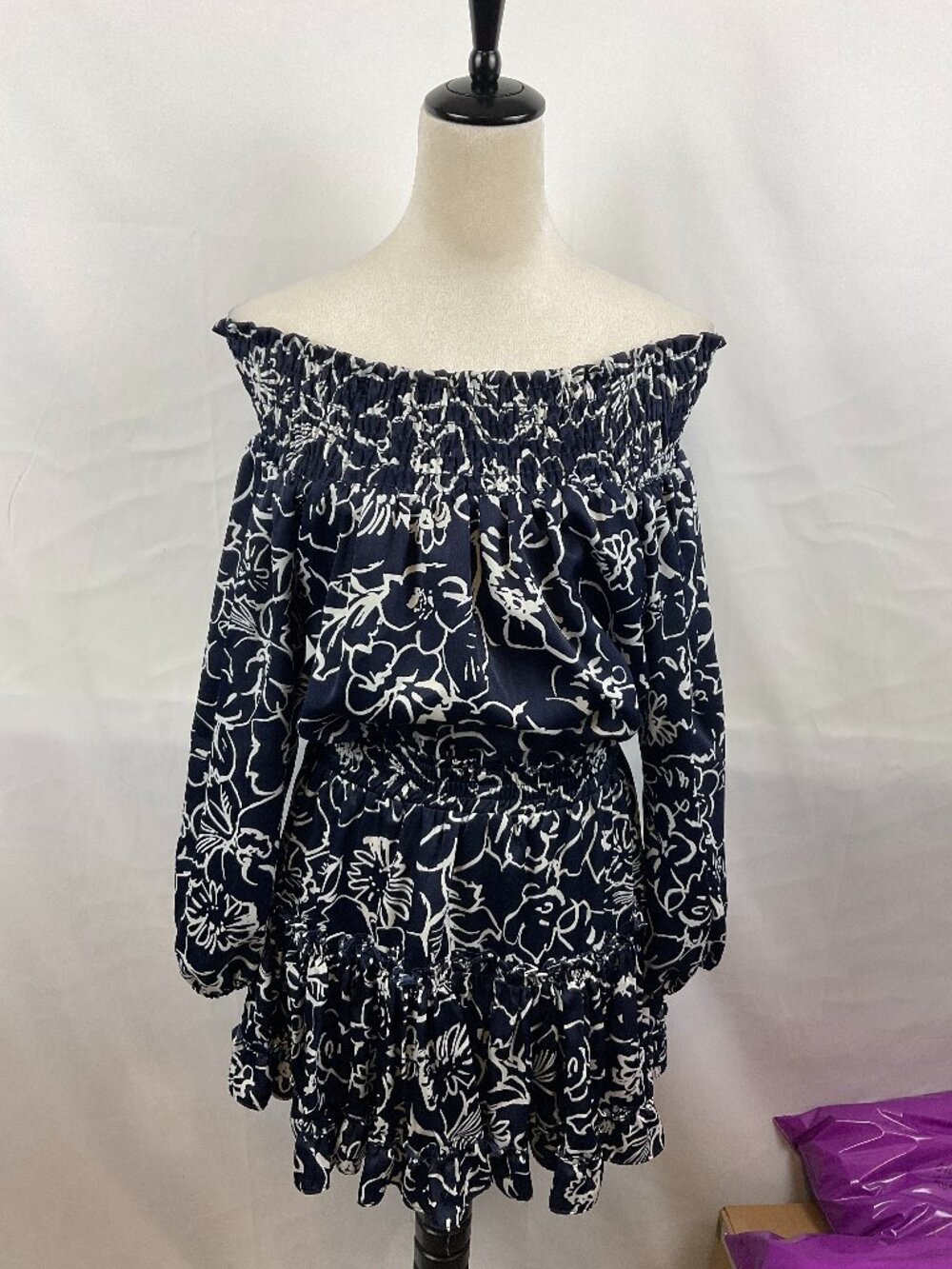 Misa Gathered Neck Dress M Navy Blue White Floral Off Shoulder Ruffle